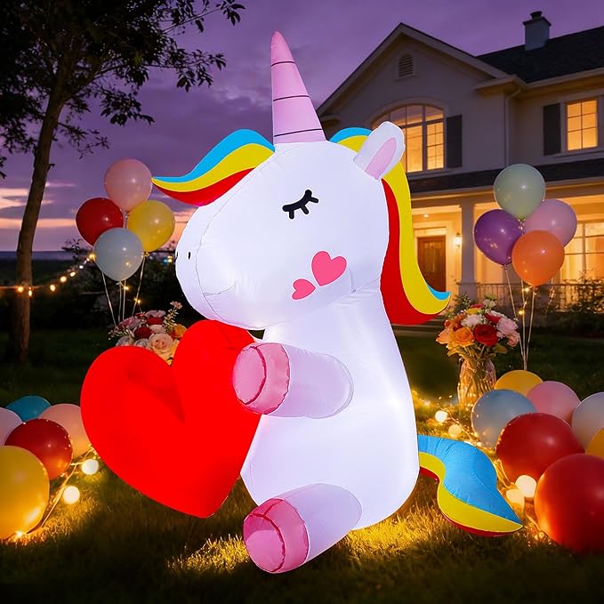 Lulu Home Lighted Yard Decorations, 5 FT Large Inflatable Light Up Unicorn Holding A Red Heart, Valentines' Day Blow Up Adorable Rainbow Colorful Unicorn Outdoor Indoor Party Display Decor