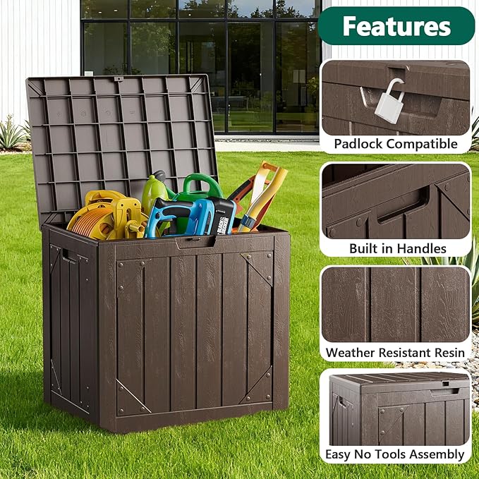 MAKE CHANGES Outdoor Storage Box,30 Gallon Deck Box Outdoor Storage Bench Outside Waterproof Resin Storage Bench, Lockable Patio Cushions, Garden Tools Storage For Furniture, UV Resistant