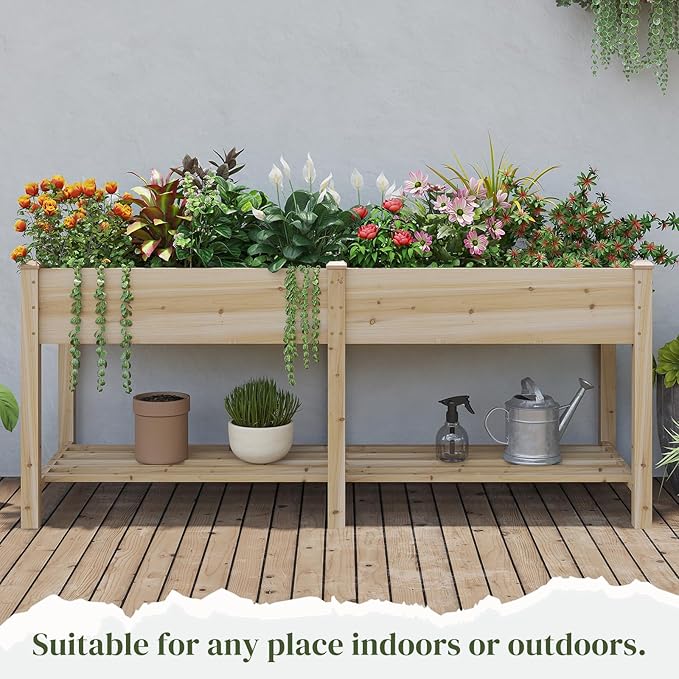 Wooden Raised Garden Bed, Planter Box with Legs, Garden Planter with Divider Bag for Backyard, Patio, Balcony, Planter Stand Box for Herbs and Vegetables(Natural-L)