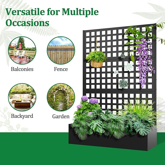 Metal Raised Garden Bed with Trellis, 2 in 1 Trellis with Planter Box & Privacy Screen for Climbing Plants, Vine, Outdoor Standing Flower Beds with Drainage Holes, 47.2" L x 16.7" W x 70.8" H, Black