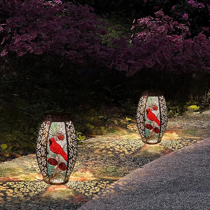 Solar Lanterns Outdoor Hanging Light Cardinal LED Glass Light Waterproof Hollowed-Out Metal Decor Garden,Yard,Patio,Gifts,Table,Pathway,Holiday for Women Mom