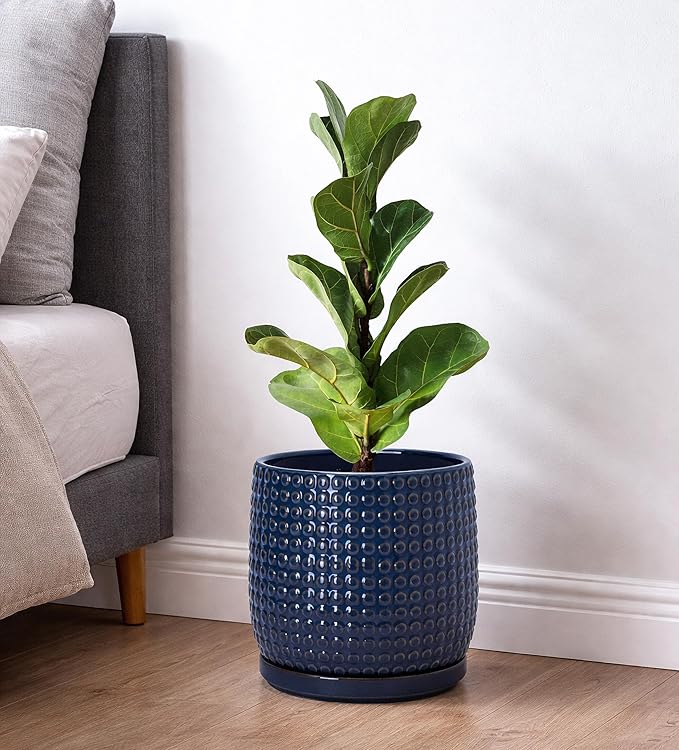 D'vine Dev 8 Inch Ceramic Beaded Stoneware Planter Pot - Flower Pot with Drainage Holes and Saucers for Indoor Succulent Plants or Flowers, Midnight Blue, 27-C-Q-3