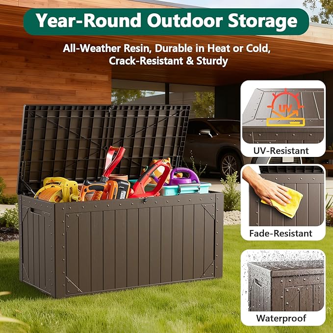 MAKE CHANGES Outdoor Storage Box, 100 Gallon Deck Box Outdoor Storage Bench Outside Waterproof Resin Storage Bench, Lockable Patio Cushions, Garden Tools Storage For Furniture, UV Resistant(Brown)