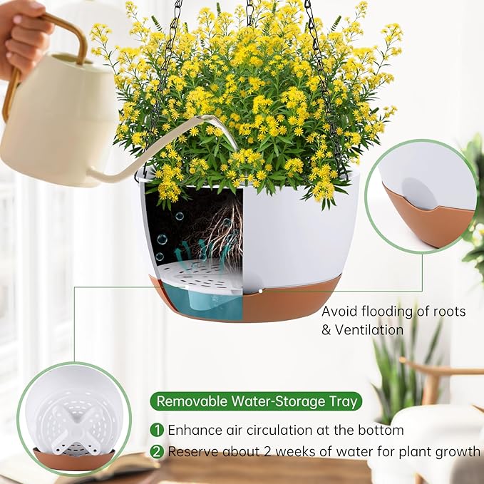Set of 2 10 Inch Self Watering Hanging Planters for Indoor Outdoor Plants, Color Blocking Hanging Baskets Flower Pots with Drainage Hole & Removable Water-Storage Tray