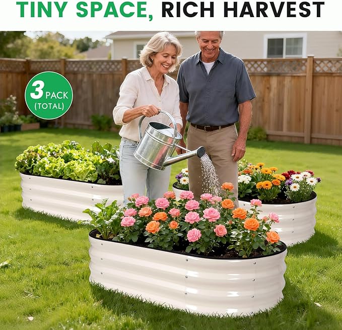 INNO STAGE 3Pcs Galvanized Raised Garden Bed Kit, Outdoor Metal Raised Garden Beds for Vegetables, Rust-Resistant & Easy Assembly, 4x2x1ft Oval Raised beds for Gardening, Flowers, Herbs (White)
