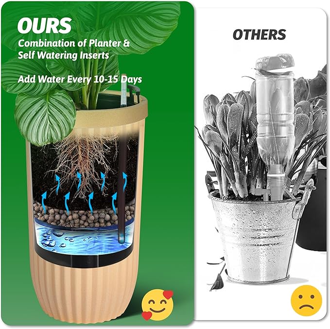 23" Tall Planters Set of 2, Large Indoor & Outdoor Self-Watering Flower Pots with Drainage, Water Level Monitor & Wheels, Planters for Patio, Porch, Living Room, Home Office