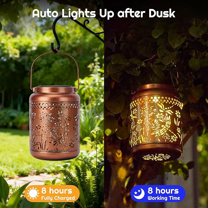 Dragonfly Gift Solar Lanterns Outdoor Waterproof - Dragonfly Garden Decor Hanging Solar Lantern Metal Decorations for Patio Yard Lawn Porch Pathway, Christmas Decor Birthday Gift for Women Mom Grandma