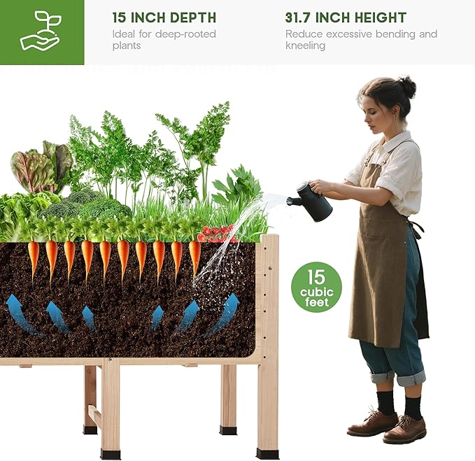 SPECRAFT 8x2 Ft Raised Garden Bed, Featuring Legs, Drainage Holes, Ideal for Vegetables, Flowers, Elevated Wood Planter Box for Balcony, Patio, and Backyard, Easy Assembly
