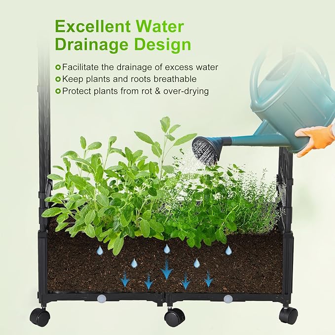 Lalahoni Planter with Trellis, 4.5ft Trellis Planter Self-watering Box with Wheels for Outdoor Plants Tomato Flower Vegetable Herb Vine Garden Patio, Plastic Raised Bed Trellis with Drainage Hole, 1PC