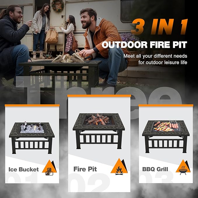 Devoko Outdoor Fire Pit, 32 Inch Firepit Table Metal Outdoor Fireplaces with Waterproof Cover for Outside Patio Camping (Bronze)