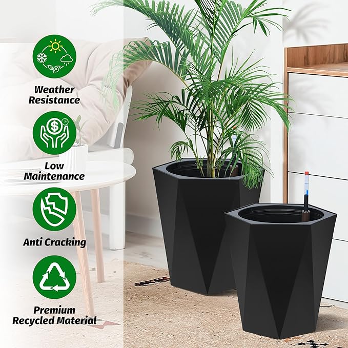Set of 2 Tall Planters for Outdoor Plants, 16" Large Planter Pots with Drainage Holes & Water Level Monitor, Self-Watering Flower Pots for Patio, Porch, Garden, Front Door Decor, Indoor Outdoor