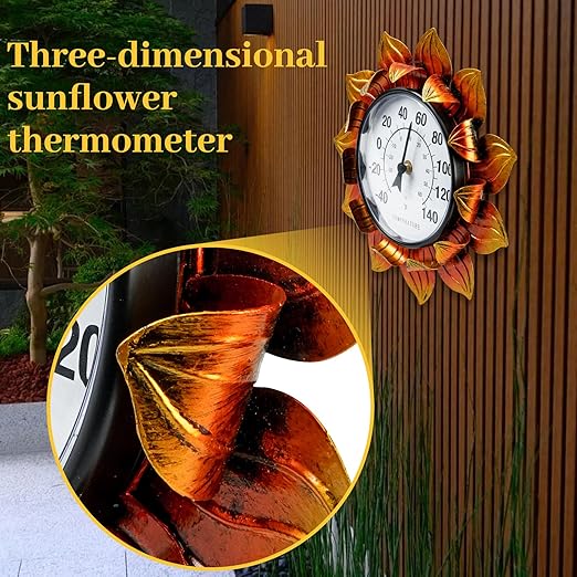 Sunflower Wall-Mounted Outdoor Thermometers, 11 Inch Indoor Outdoor Thermometer Decorative for Patio, Living Room,Wine Cellar, Garden Home Decor, No Batteries Required