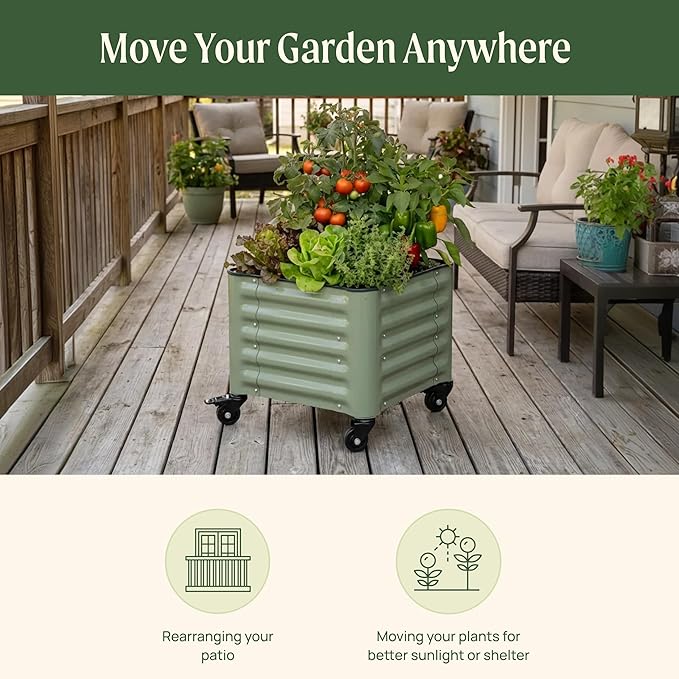 Vego garden Classic Rolling Garden Bed – 1.75' Mobile Metal Raised Garden Bed for Patio, Deck, Balcony – Deep Planting Space, Durable & Easy to Move (Olive Green, 1.75'X1.75')