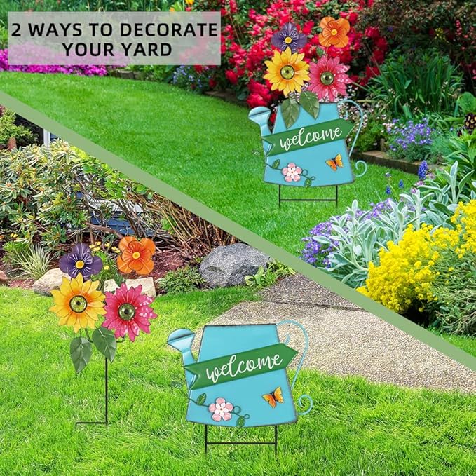 YEAHOME Garden Decor for Outside, 24.4“ Decorative Garden Stakes Metal Watering Can with 4 Flowers for Spring Decor, Welcome Yard Signs for Outdoor Lawn Backyard Patio Porch Pathway Decorations