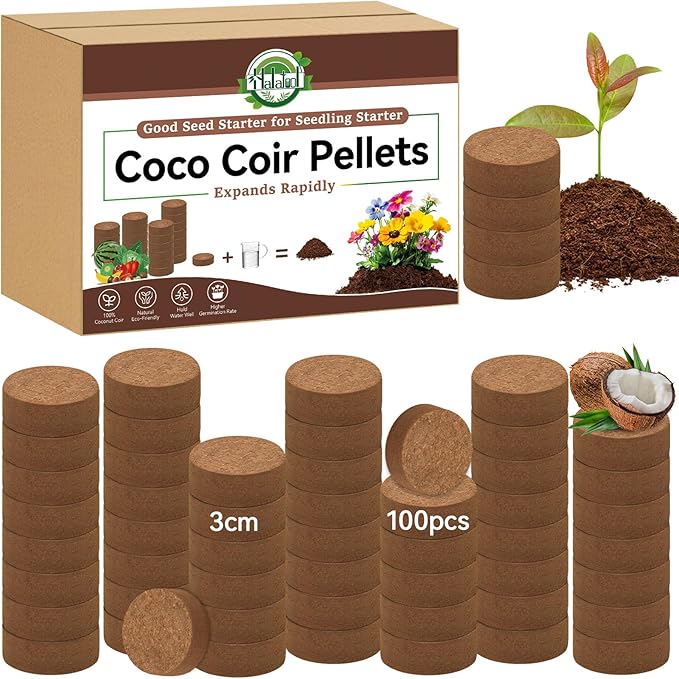 Halatool 100pcs 30mm Organic Coconut Coir Pellets Soil for Seed Starter, Compressed Coco Coir Potting Soil for Growing Vegetables, Fruits, Flowers