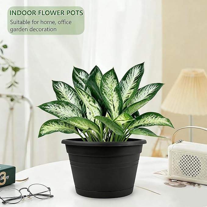 4 Pack Hanging Planters, 10 Inch Hanging Plant Pot with Hanger Chain & Drainage Trays, Hanging Baskets for Plants Outdoor Indoor, Flowers Pots for Home, Garden, Porch Decor (Black)