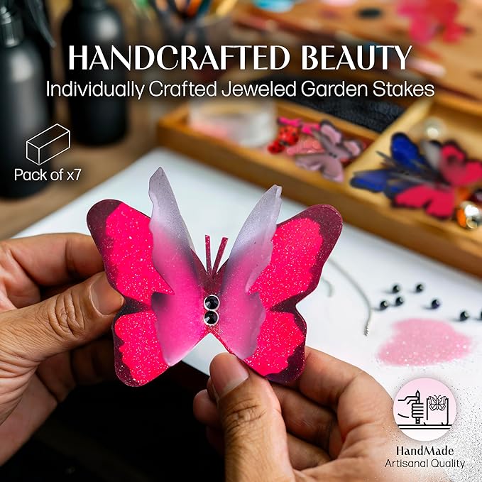 Handmade Glowing Pink Butterfly Garden Stakes - Set of 7 Premium 3D Hand-Painted Butterflies with Fluttering Spring Movement, Weatherproof Metal Rod, Outdoor Indoor Decor, Ideal Gift
