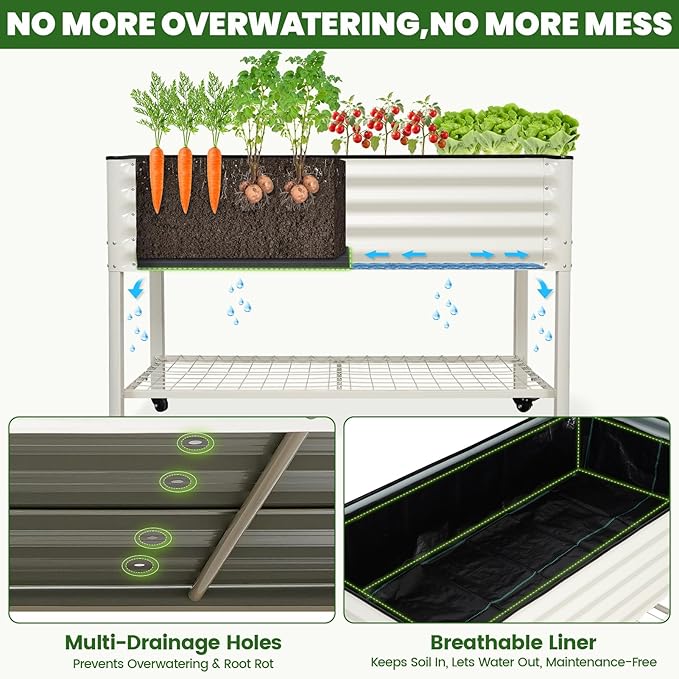 Elevated Raised Garden Bed 2' x 4' - Galvanized Planter Boxes with Legs, Wheels, and Storage Rack, Outdoor Planters for Backyard/Patio/Balcony with Drainage Holes for Vegetables, Flowers, Herbs, White