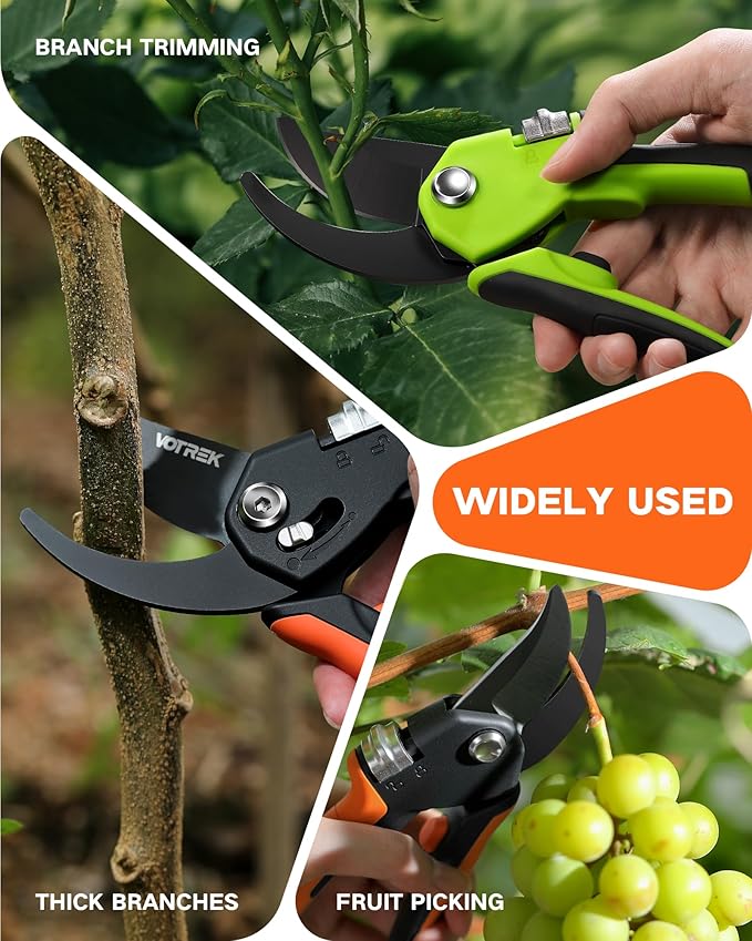 VOTREK 8.5" Pruning Shears for Gardening, 【Unique Stepless Handle Opening】Professional Bypass Garden Clipper, Heavy Duty Plant Pruners for Branch 【SK5 Steel Blades】【Built-in Spring】【All Hand Sizes】