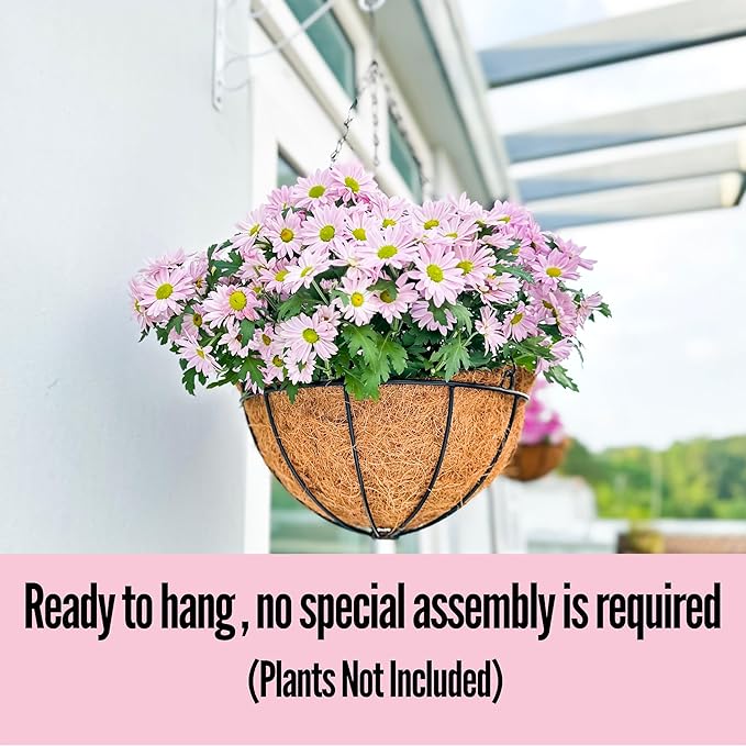 LaLaGreen Hanging Baskets for Outdoor Plants (10 Pack, 14 Inch) Large Hanging Planter with Coco Liner Round Flower Pots, Black Metal Wire Plant Holder Hook Deck Porch Garden Balcony Farmhouse Decor