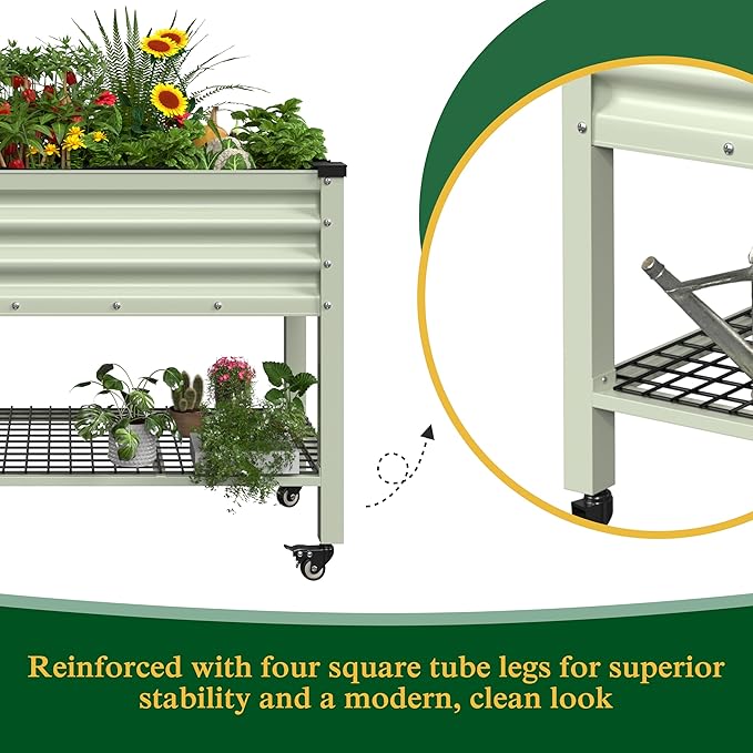MUPATER 48" L x 24" W x 34" H Galvanized Steel Raised Garden Bed, 507lbs Capacity Large Metal Elevated Raised Planter Box with Rolling Casters & Extra Bottom Shelf for Patio, Balcony, Beige