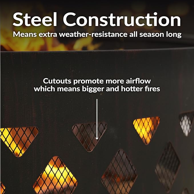 Sunnydaze 36-Inch Outdoor Fire Pit Ring with Poker - Round Heavy-Duty Steel Fire Ring for Camping or Backyard - Crossweave - 12" H