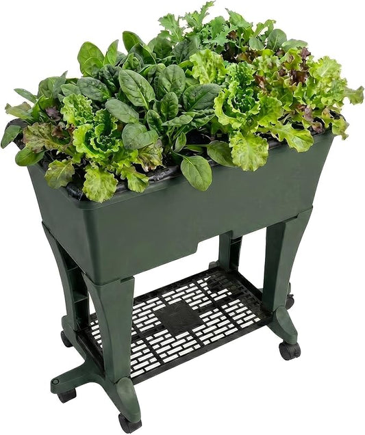 EarthBox Raised Garden Bed with Legs – Elevated Self Watering Planter Box with Wheels, Storage Shelf, Premium Plant Food, Easy Assembly, Made in USA, Dark Green