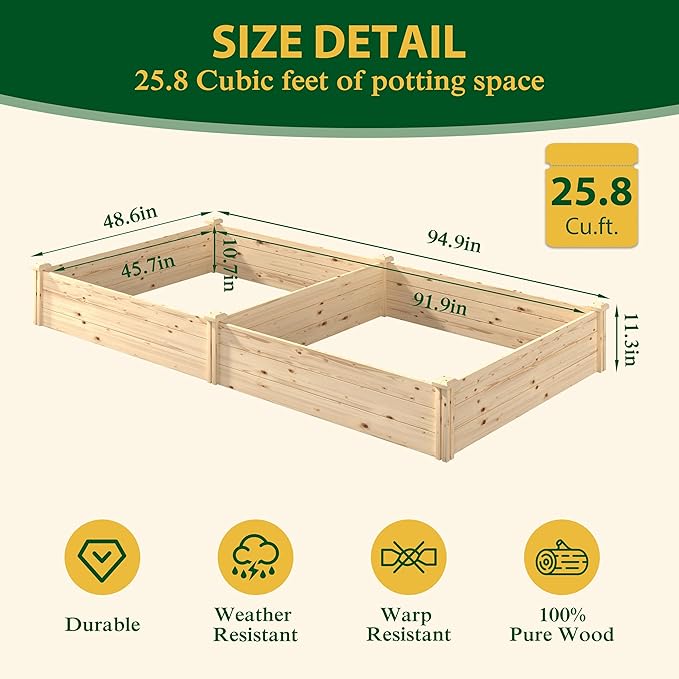 BlueWish Outdoor Wooden Garden Bed, Raised Garden Bed with Bottomless, Divisible Planter Boxes for Gardening, Vegetable, Flower, 95''L x 49''H x 11''W