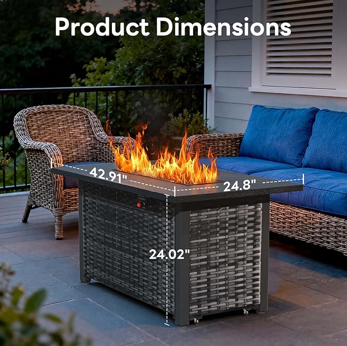 ZAFRO 42.91 Inch Outdoor Fire Pit Table 50,000 BTU, Rectangular Firepit Table with Glass Stones & Lid, 2 in 1 Fire Table for Patio, Backyard, Deck, or Garden, Black
