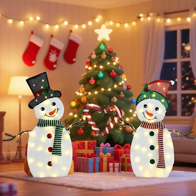 32" H Snowman Lighgts Outdoor Christmas Decorations, 2D Pre-lit Cute Holiday Lawn Lights Decors, 80 Warm White LEDs, Flat Xmas Yard Decor, Perfect for Garden, Driveway, 2-Piece Set