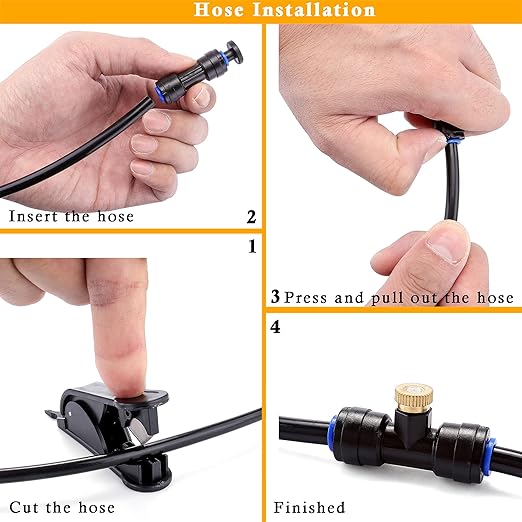 Mornajina Outdoor Misting Cooling System with Pump Kit, 65.6FT(20M) Misting Line with Filter, 26 Brass Mist Nozzles, 1 Brass Adapter (3/4"), 12V DC 60W 5L/Min, Self Priming Sprayer Water Pump