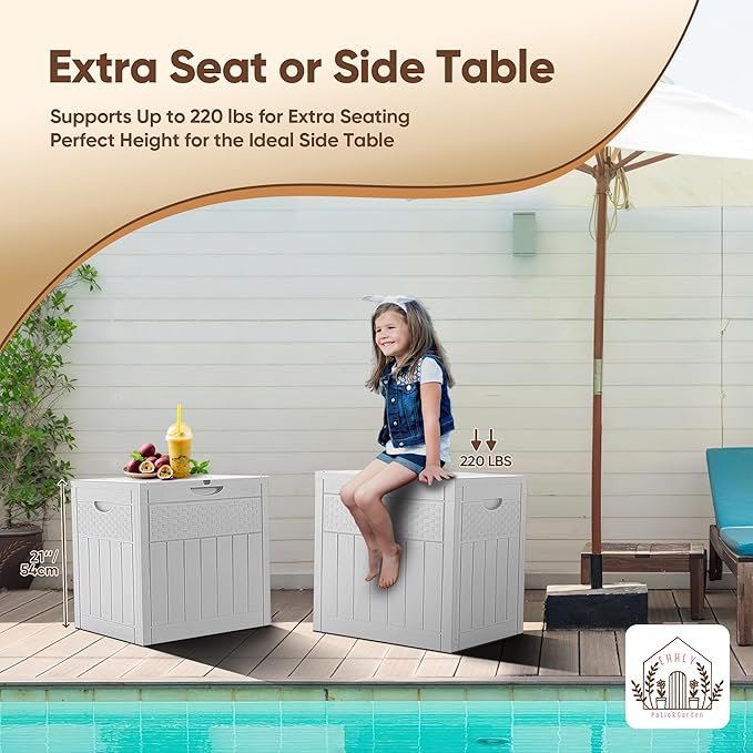 EHHLY 33 Gallon Deck Box, Small Outdoor Storage Box Waterproof, Lockable Secure Package Bin Delivery Box for Outside Front Porch, Patio Cushions Storage Box, Delivery Driver Snack Box for Porch, White