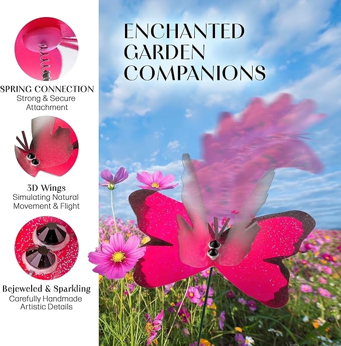 Handmade Pink Butterfly Garden Stakes - Set of 7 Premium 3D Hand-Painted Butterflies with Fluttering Spring Movement, Weatherproof Metal Rod, Outdoor Indoor Decor, Ideal Gift