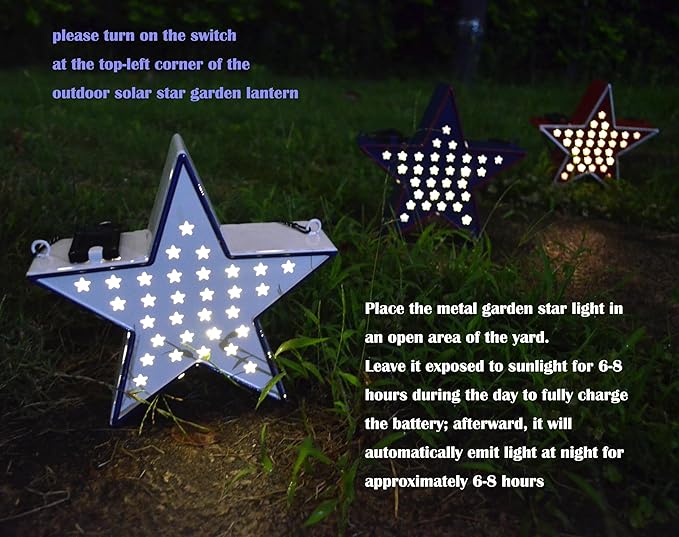 Metal Solar Star Lantern Light Outdoor Garden Decor for Patio,Yard,Tree,Patriotic Memorial Day 4th of July Star Decorations,White