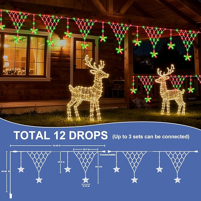 Outdoor Christmas Decorations Lights 13.8ft 200 LED Christmas Lights with 12 Stars,Dimmable Curtain Fairy Light with 8 Modes for Wedding Party Holiday Christmas Decor(RGB)