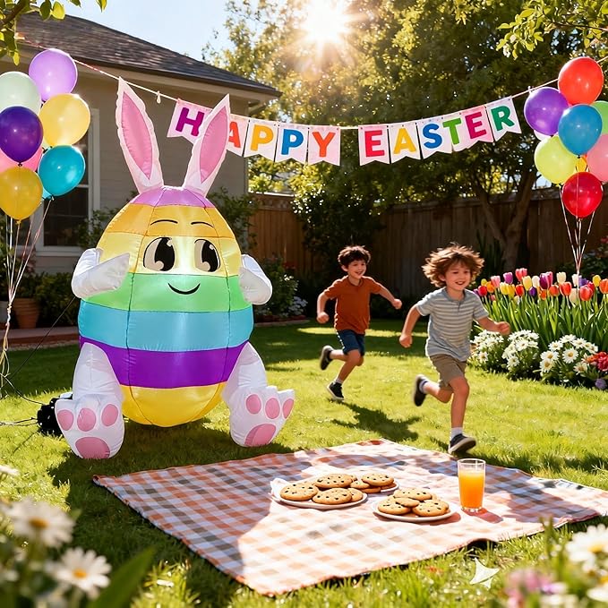 5FT Lighted Easter Inflatable Colorful Egg with Bunny Ears - Blow Up Outdoor Yard Decor for Lawn, Garden & Holiday Party