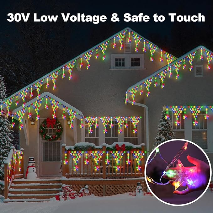 Outdoor Christmas Decorations Lights 13.8ft 200 LED Christmas Lights with 12 Stars,Dimmable Curtain Fairy Light with 8 Modes for Wedding Party Holiday Christmas Decor(RGB)