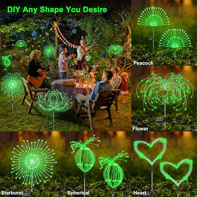 Solar Garden Lights Outdoor, 2 Pack 120 LED Twinkling Firework Lights Decorative with 2 Modes, Outdoor Waterproof Solar Starburst Light for Outside Yard Pathway Garden Decor, Green