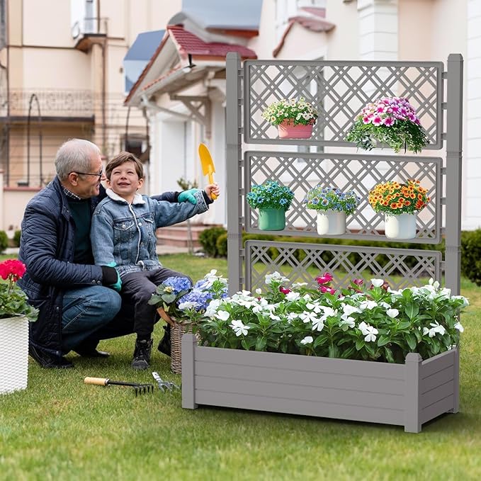 Raised Garden Bed with Trellis for Climbing Plants, 43.43" L x 18.27" W x 59.29" H Self Watering Planter Box with Drainage Holes for Outdoor Backyard Patio Balcony, Anti-Rust Resin (Grey)