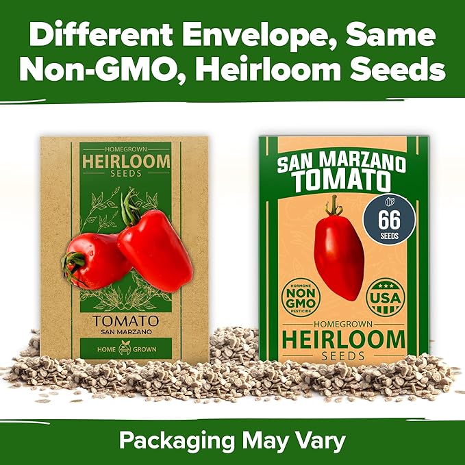 HOME GROWN San Marzano Tomato Seeds 66 Heirloom, High Germination Tomatoes for Indoor & Outdoor Growing Classic Paste Variety for Gardeners & Home Use