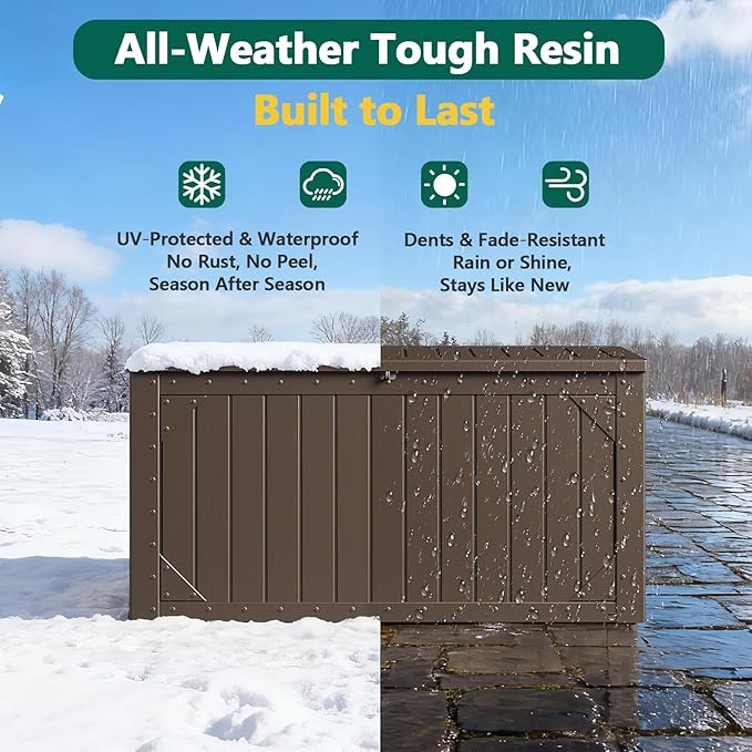 MAKE CHANGES Outdoor Storage Box, 100 Gallon Deck Box Outdoor Storage Bench Outside Waterproof Resin Storage Bench, Lockable Patio Cushions, Garden Tools Storage For Furniture, UV Resistant(Brown)
