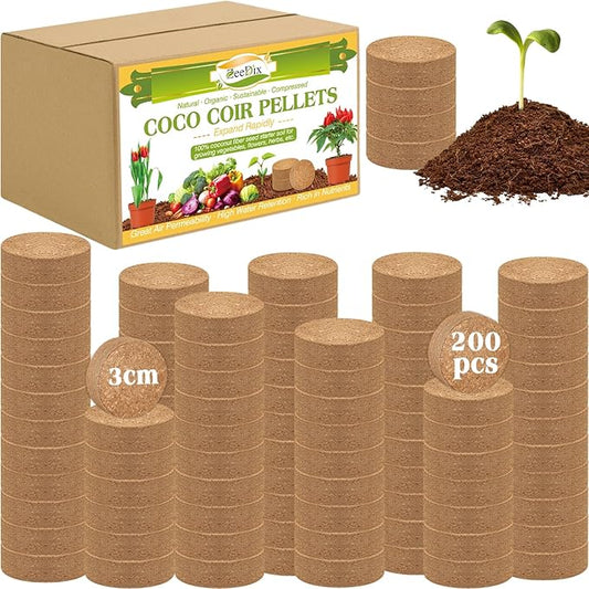 ZeeDix 200pcs 30mm Coco Coir Pellets Potting Soil, Organic Coconut Fiber Seed Starter Soil Pellets, Coconut Coir Soil Discs for Indoor Outdoor Plants, Herbs Houseplants Flowers Succulents Vegetables