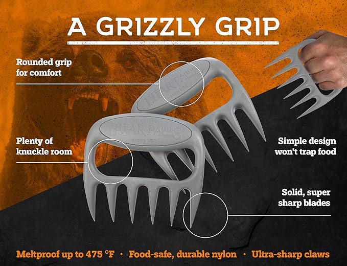 Bear Paws Meat Claws - The Original Meat Shredder Claws for Pulled Pork, USA Made - Easily Lift, Shred, Pull and Serve Pork, Chicken, Brisket and Turkey - Gift for Dad on Christmas! (Gray)