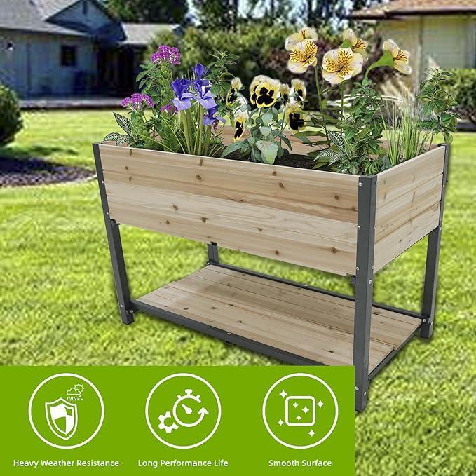 Raised Garden Planter Box with Storage Shelf, 45 inch Elevated Wood Planting Bed, Metal Frame