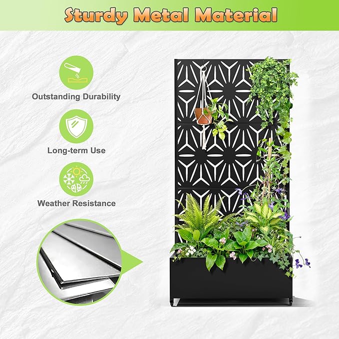 Metal Raised Garden Bed with Trellis, 2-in-1 Planter Box & Privacy Screen for Climbing Plants, Outdoor Standing Flower Bed with Drainage Holes, 35.4" L x 15.7" W x 70.1" H, Black-Star