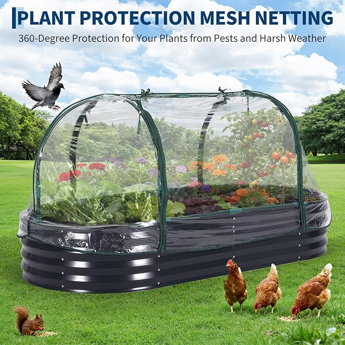 Galvanized Raised Garden Bed Kit with Cover Heavy-Duty Modular Metal Planter Raised Beds for Vegetables with Tool-Assisted Simple Assembly, Reinforced Panels & Optimal Drainage