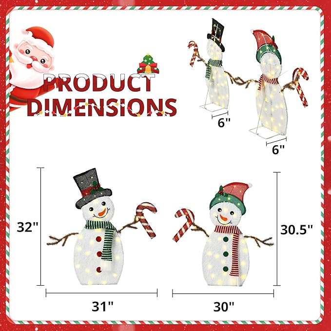 32" H Snowman Lighgts Outdoor Christmas Decorations, 2D Pre-lit Cute Holiday Lawn Lights Decors, 80 Warm White LEDs, Flat Xmas Yard Decor, Perfect for Garden, Driveway, 2-Piece Set