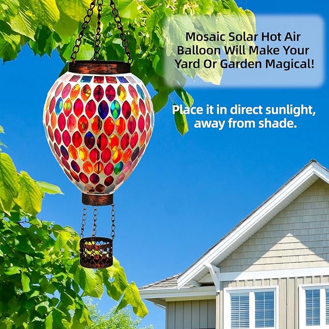 VOREEN Hot Air Balloon Solar Lantern, Mosaic Glass Hanging Solar Lights for Outside Garden & Patio, Waterproof Outdoor Decor, Handmade Art Glass Balloon (Red)