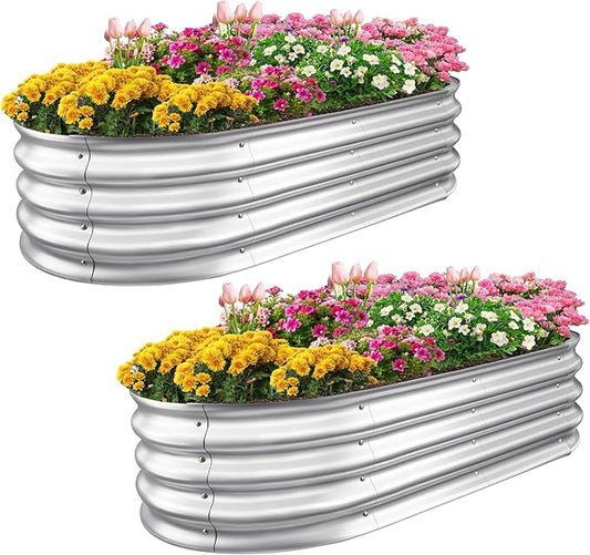 Sponvatt Raised Garden Bed, 4x2x1 Ft Galvanized Metal Planter Box (2 Pcs), Large Oval Outdoor Garden Bed Kit for Vegetables, Herbs, and Flowers, Silver
