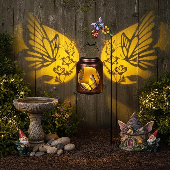Solar Lanterns Outdoor Waterproof Metal Butterfly Patterns with Resin Butterfly Inside Garden Decor Gifts for Women Mom Grandma Hanging Solar Lights Decoration Outside for Yard, Patio, Backyard, Porch